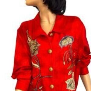 Draper & Damon's Red Asian Inspired Jacket Embroidered Gold Flowers size M